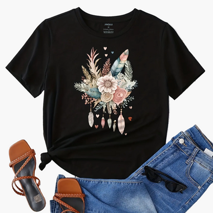 Dames T-shirt Boheemse Stijl Bloemen- en Veerprint, Casual Zomer