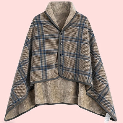 Women's Plaid Snap Button Fleece Lined Poncho Cape