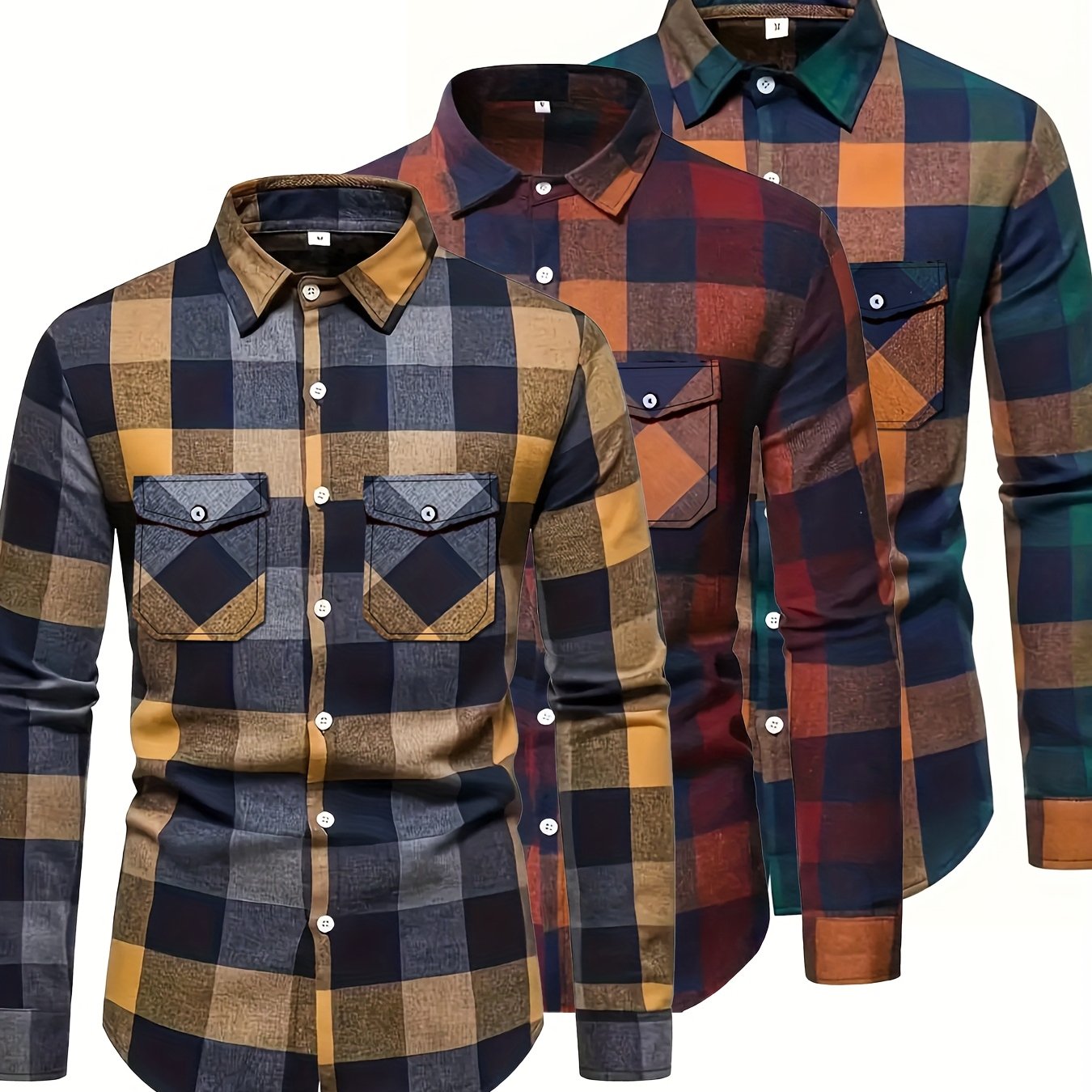 Chemise à Carreaux Homme Manches Longues à Col Classique et Poches Poitrine