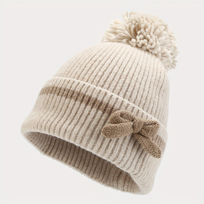 Ensemble Bonnet Écharpe Gants Tricoté Hiver avec Nœud Décoratif et Pompon pour Femme
