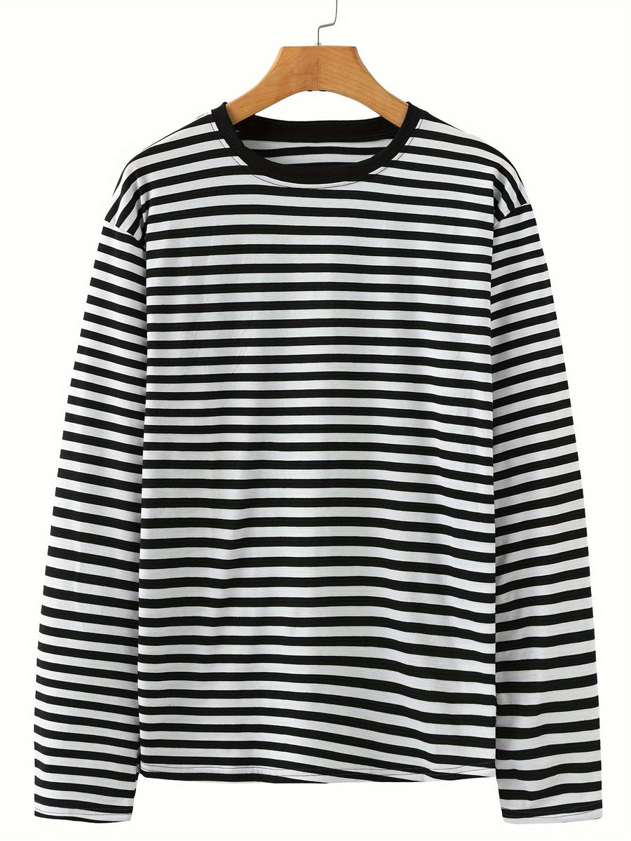 Blå og hvidstribet langærmet T-shirt med rund hals til mænd