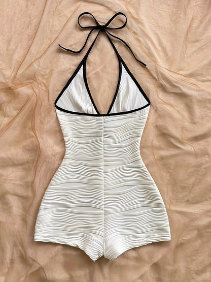 Maillot de Bain Femme Une-Pièce Style Vintage à Décolleté Plongeant et Finition Contrastée