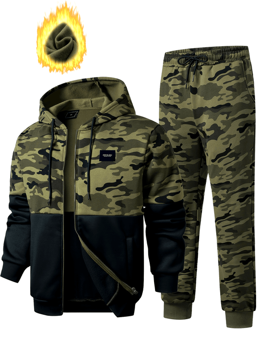 Ensemble survêtement camouflage kaki et noir homme avec veste à capuche zippée