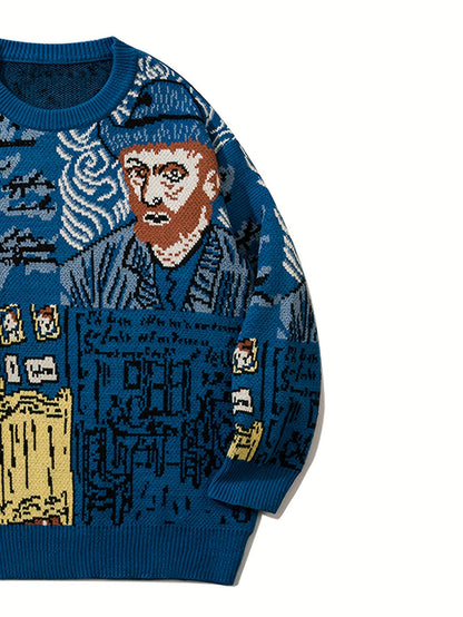 Pull en maille unisexe à motif artistique de portrait et chambre, col rond bleu