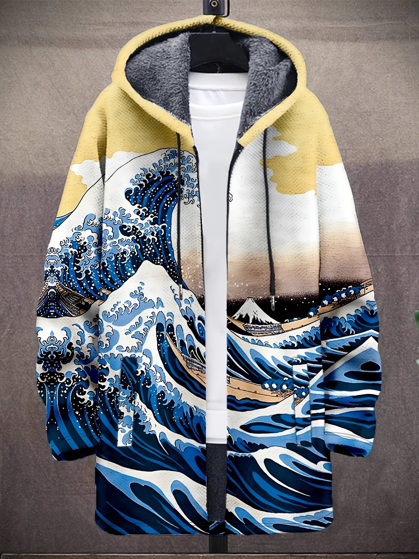 Manteau à capuche doublé en polaire imprimé fantaisie pour homme, fermeture éclair, motif vagues ou animaux