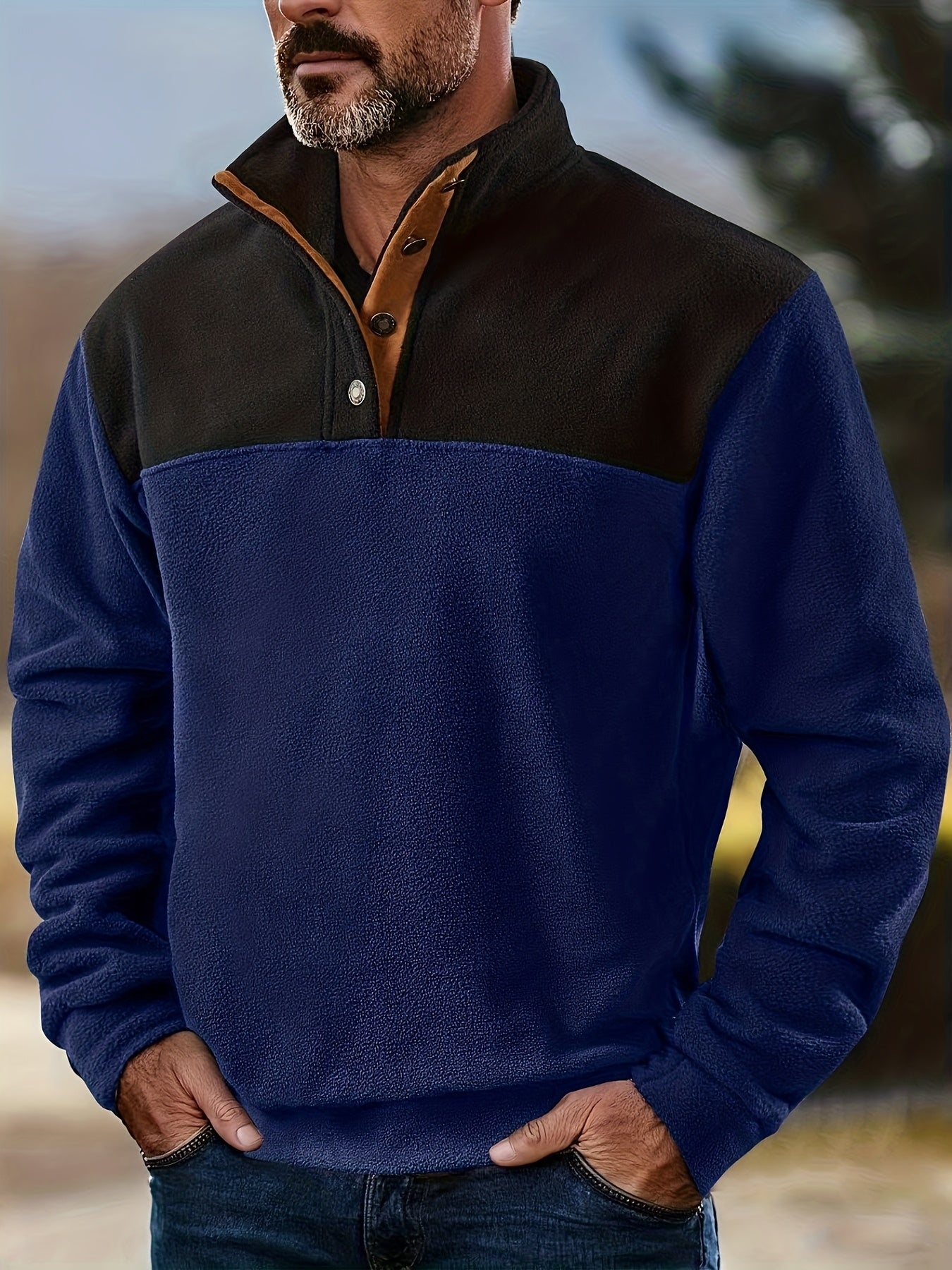 Pull Homme en Polaire Bicolore avec Col Montant et Boutons à Pression