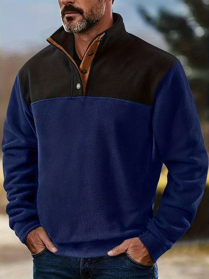 Pull Homme en Polaire Bicolore avec Col Montant et Boutons à Pression
