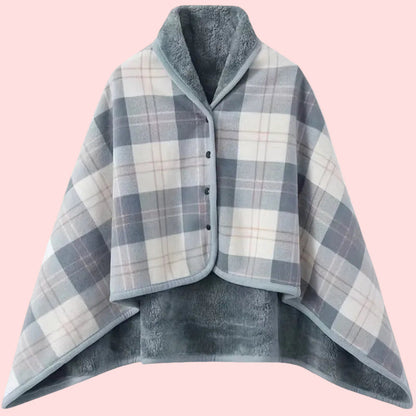 Women's Plaid Snap Button Fleece Lined Poncho Cape