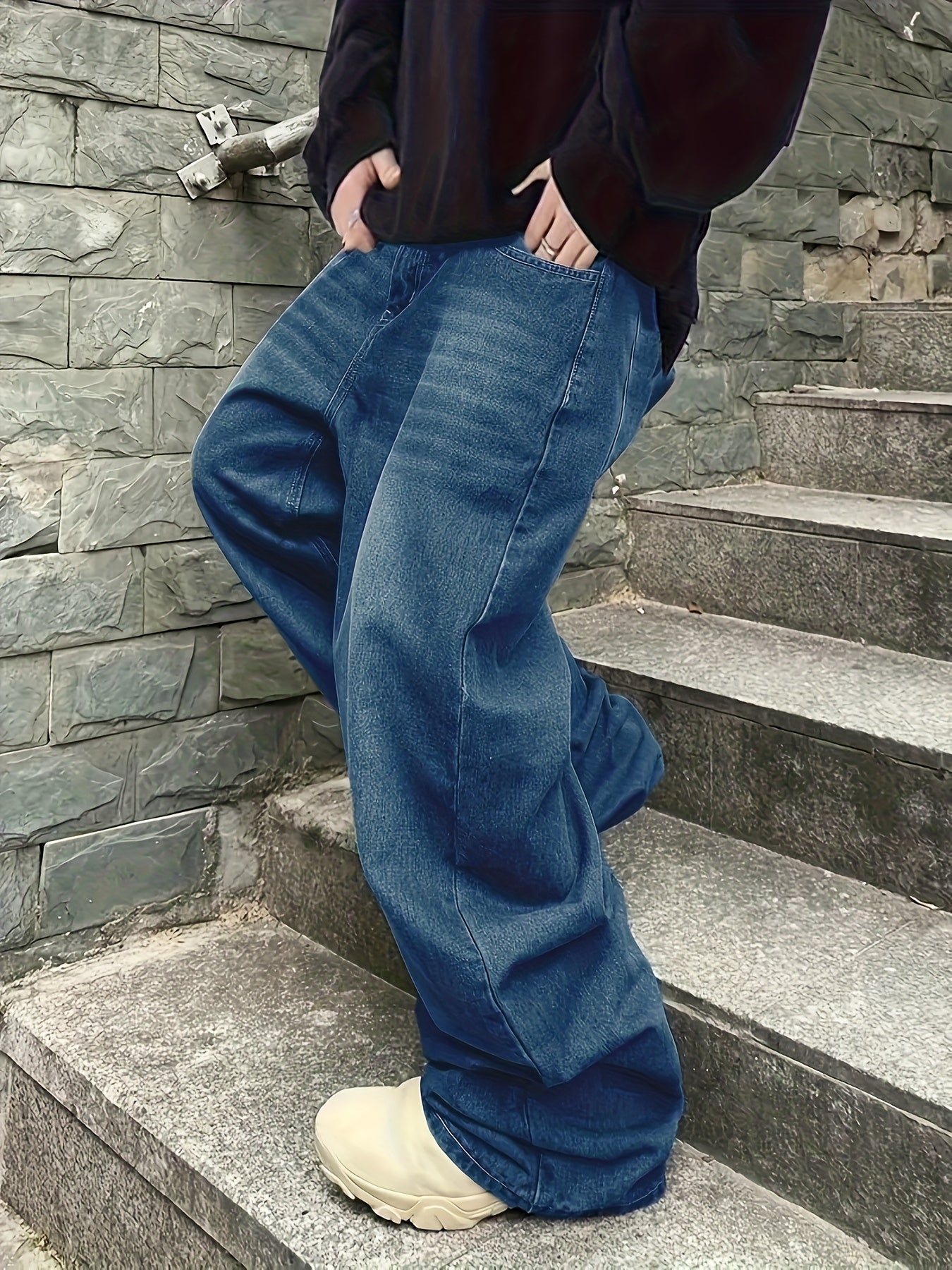 Jean large délavé coupe baggy bleu foncé style urbain unisexe
