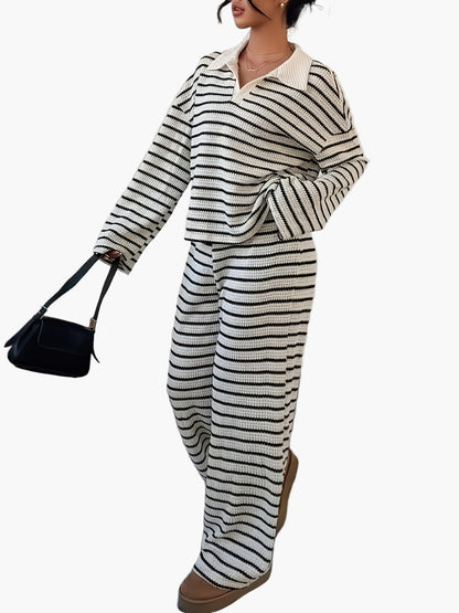 Elegantes Damen-Set mit weitem gestreiftem Pullover und weiter Hose, lässiger Stil für Herbst und Winter