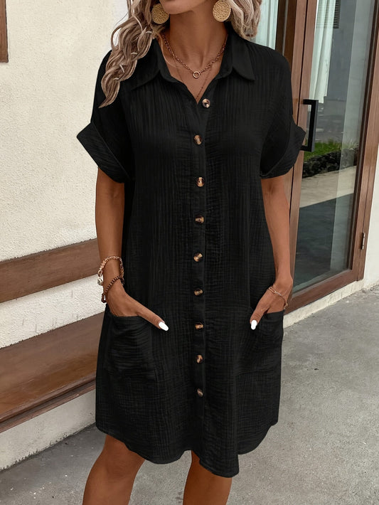 Vestido camisero casual mujer manga corta botones estilo veraniego