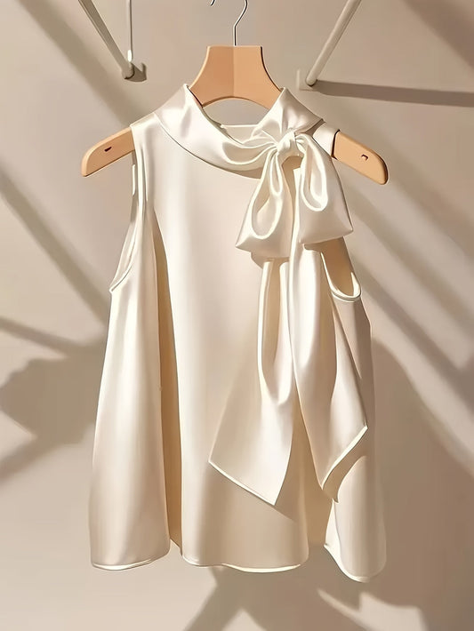 Women's sleeveless blouse with elegant style, lavallière collar, and loose fit for outings or special occasions