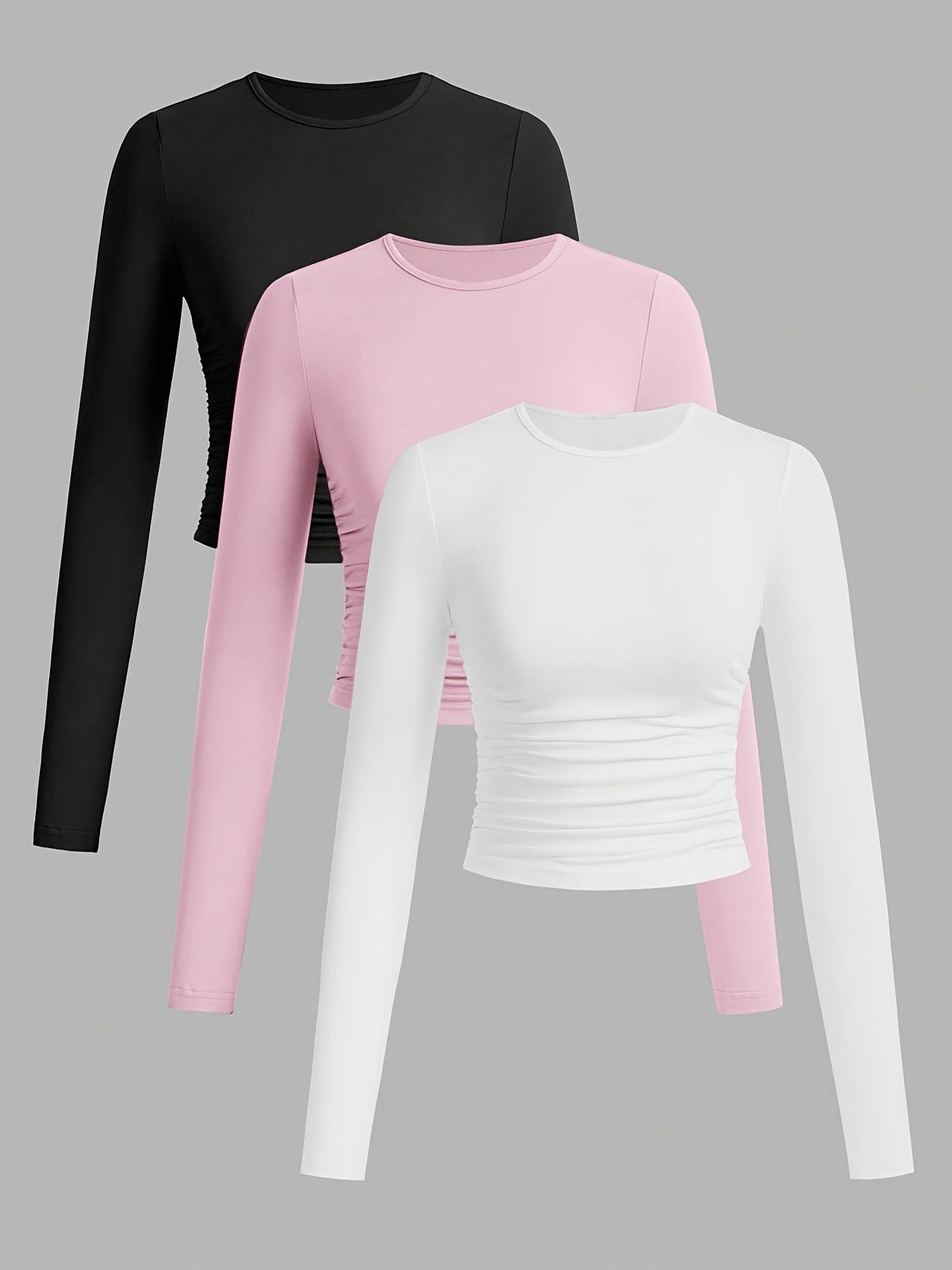 Lot de 3 Crop Tops Femme Manches Longues Col Rond Froncé