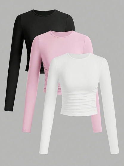 Lot de 3 Crop Tops Femme Manches Longues Col Rond Froncé