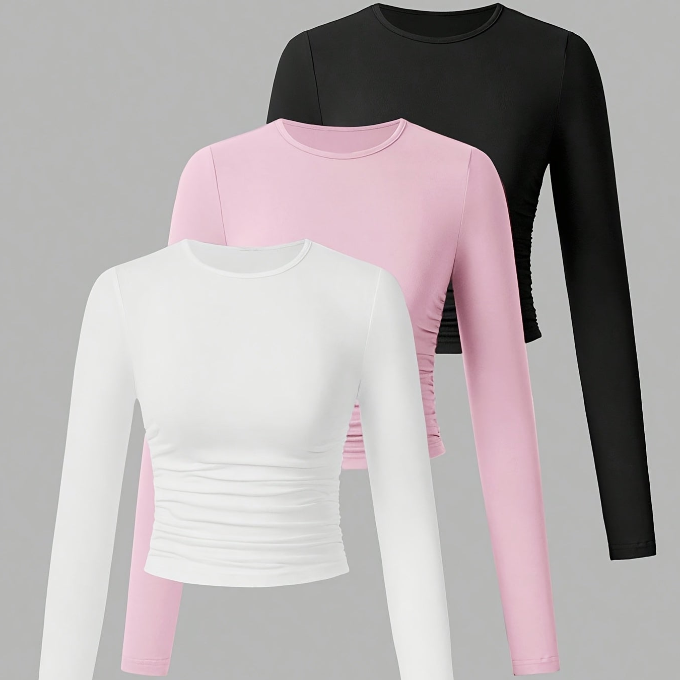 Lot de 3 Crop Tops Femme Manches Longues Col Rond Froncé