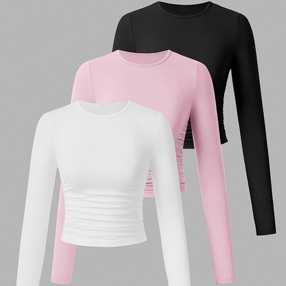 Lot de 3 Crop Tops Femme Manches Longues Col Rond Froncé