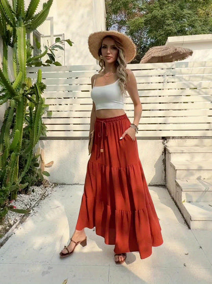 Casual lange rok met volant voor dames, elastische taille, ideaal voor zomer en strand