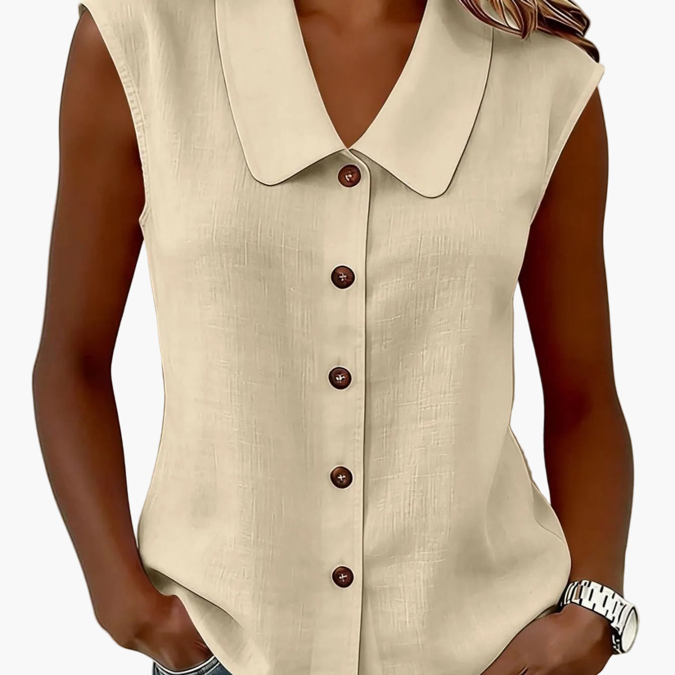 Chemisier sans manches à col Claudine pour femme, style décontracté chic, idéal pour le printemps et l'été
