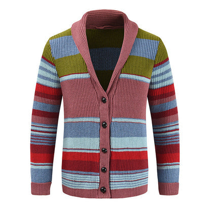 Cardigan pour Homme en Maille Rayée Col Châle à Boutons