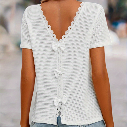 Top Femme Décontracté Dos Nu avec Nœuds et Dentelle Style Romantique