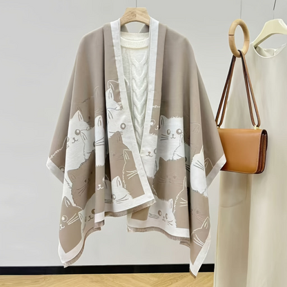 Châle Poncho Femme Réversible à Motifs Chats Mignon Imprimé - Couverture Douce Élégante