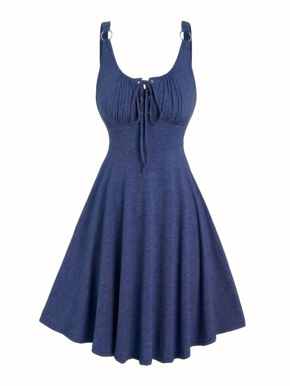 Lässiges Damenkleid mit Ausschnitt und Ösen-Trägern, ausgestellter Frühling-Sommer-Stil  