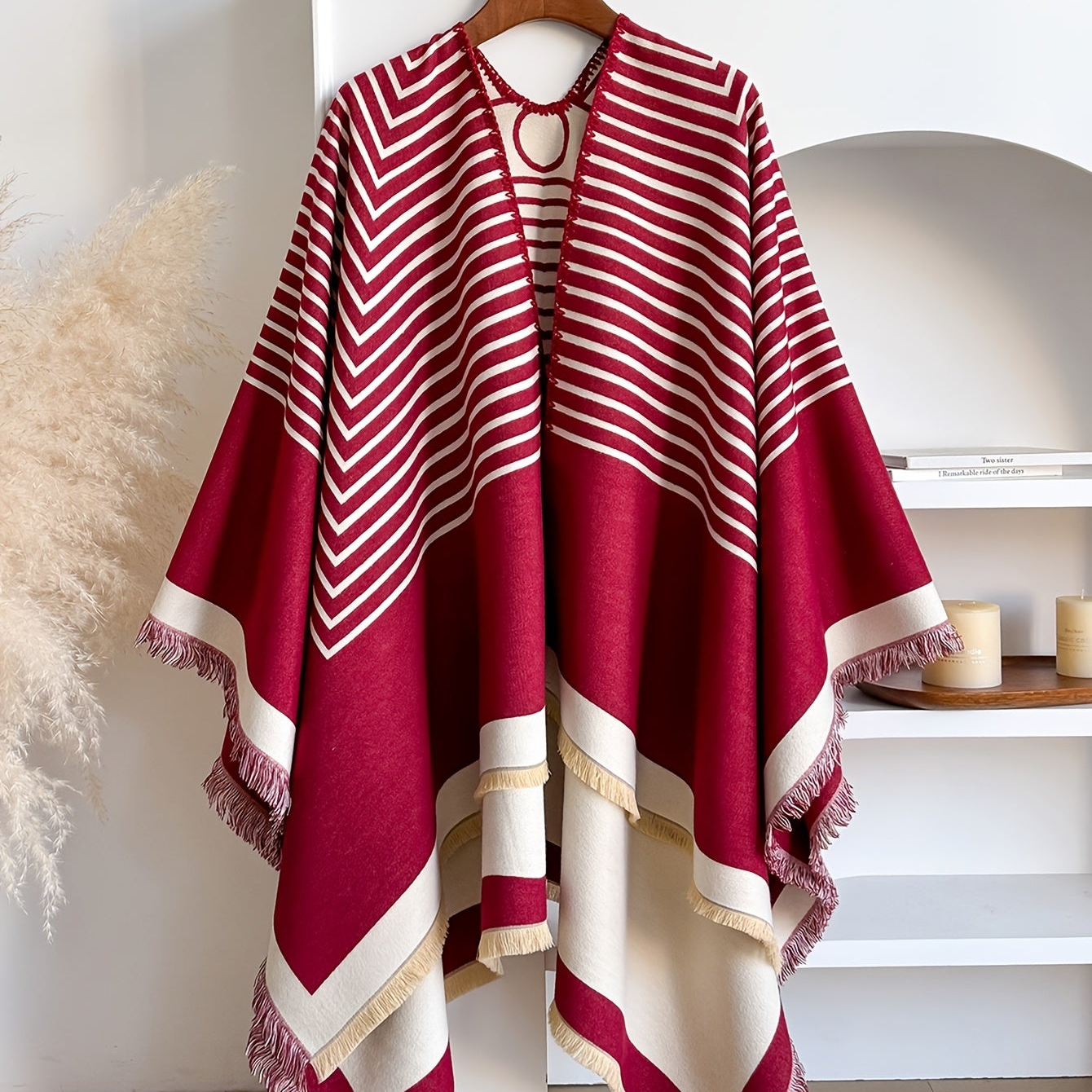 Women's Striped Fringe Trim Open Front Wrap Poncho Cape