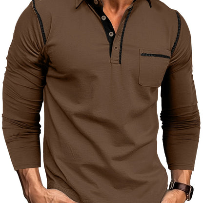 Polo Homme Manches Longues à Col Relevé avec Patte de Boutons et Poches Poitrine Décoratives