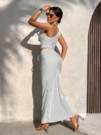 Elegant Women's Striped Chic Style Set for Spring/Summer – Asymmetric Top and Long Skirt