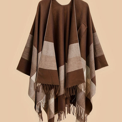 Women's Fringe Trim Open Front Poncho Cape