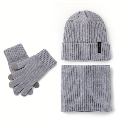 Ensemble Bonnet Écharpe Tour de Cou et Gants Unisexe Tricot Doublé Polaire Hiver