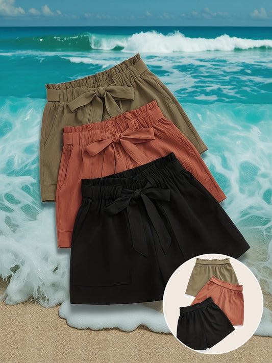 Short d'été taille haute avec ceinture nouée pour femme, style décontracté plage vacances