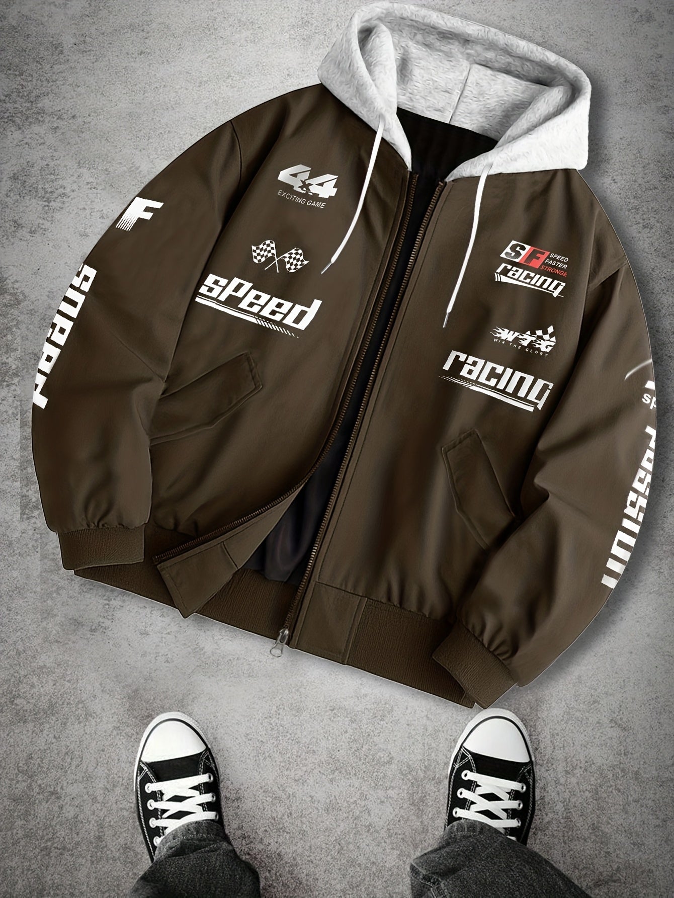 Blouson Bomber Homme Capuche Amovible Zippé avec Imprimés Racing Vert Clair