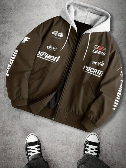 Blouson Bomber Homme Capuche Amovible Zippé avec Imprimés Racing Vert Clair