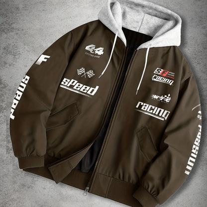 Blouson Bomber Homme Capuche Amovible Zippé avec Imprimés Racing Vert Clair