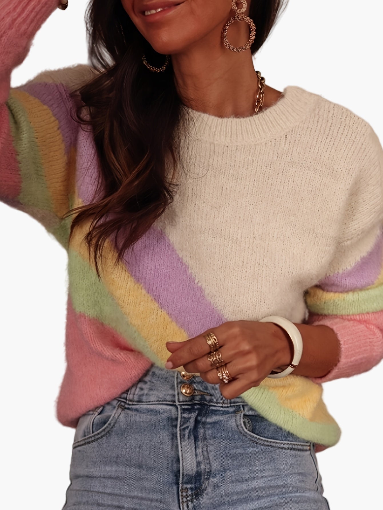 Pull femme style Y2K à rayures arc-en-ciel, col rond, mode décontractée