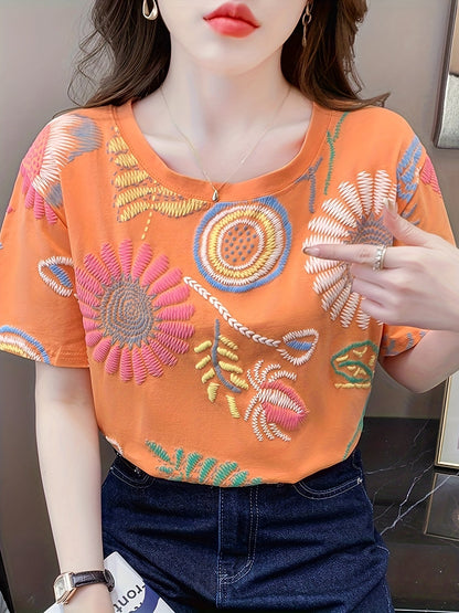 T-shirt femme style chic à motifs brodés géométriques manches courtes pour l'été