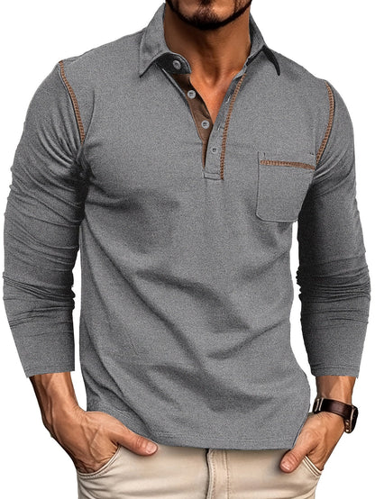 Polo Homme Manches Longues à Col Relevé avec Patte de Boutons et Poches Poitrine Décoratives