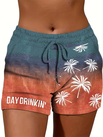 Damen-Freizeithose im Urlaubsstil mit Palmenmuster und Aufschrift „DAY DRINKIN'“ – ideal für Sommer und Freizeit