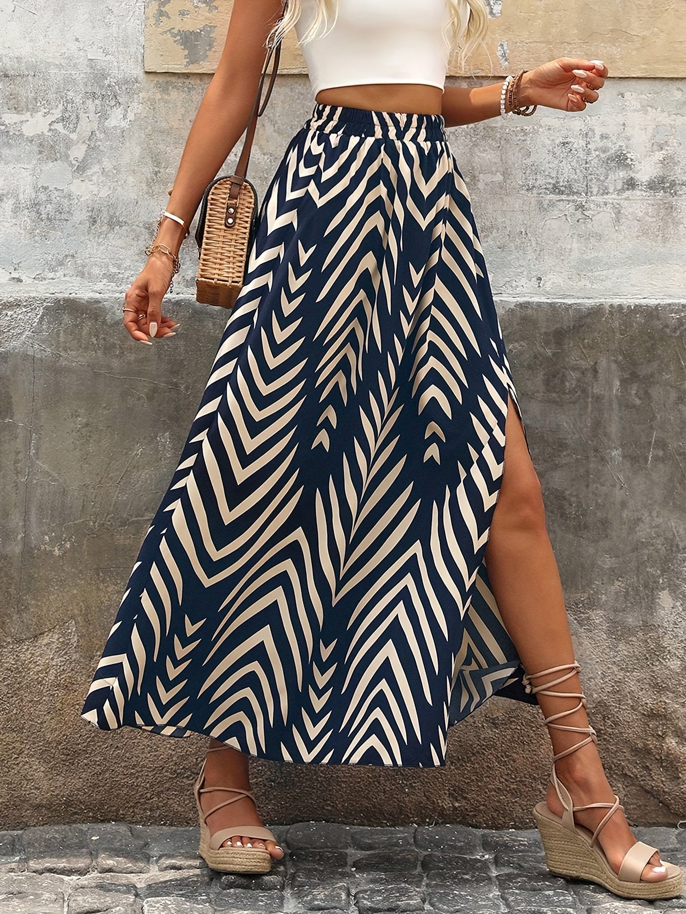 Gonna lunga da donna stile bohémien con stampa grafica e spacco laterale - Eleganza estiva casual