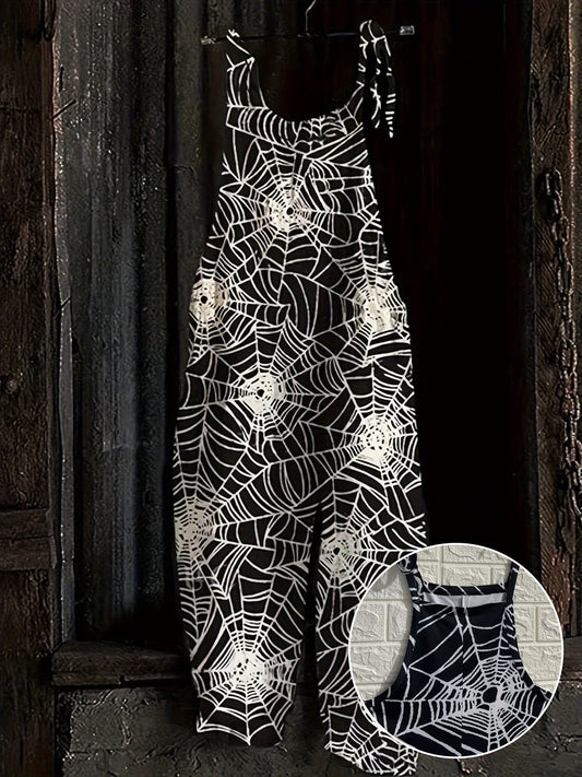 Combinaison pantalon femme noire à motif toile d'araignée bretelles fines