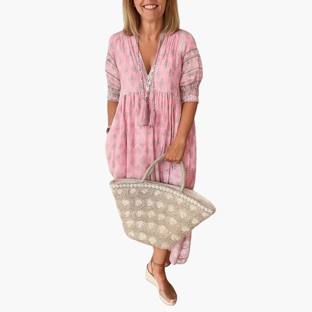 Robe mi-longue bohème pour femme, style décontracté avec imprimé et poches