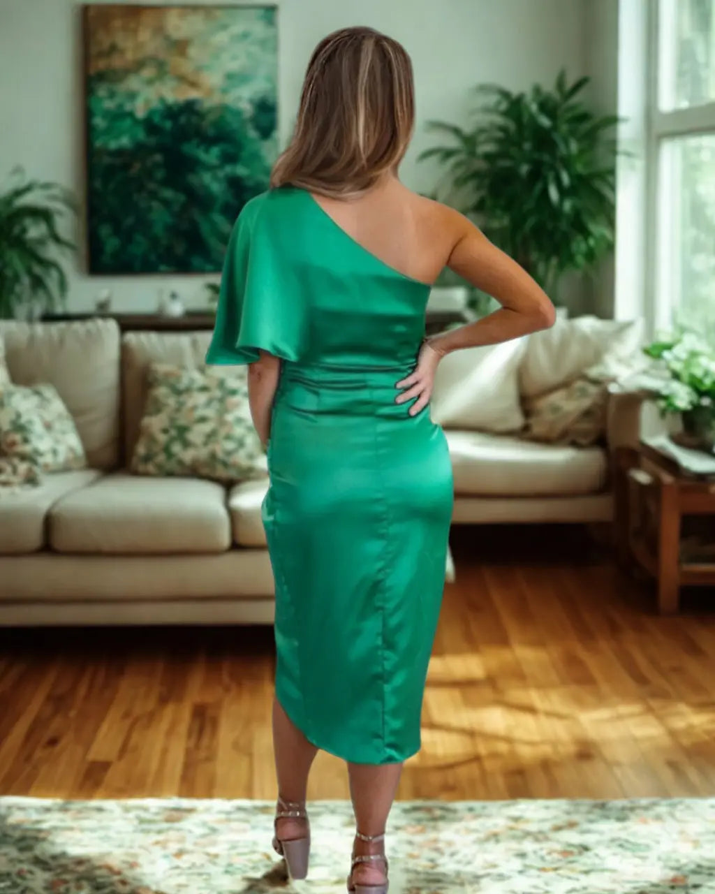 Robe midi asymétrique de soirée pour femme, style drapé élégant, usage événementiel et cocktail