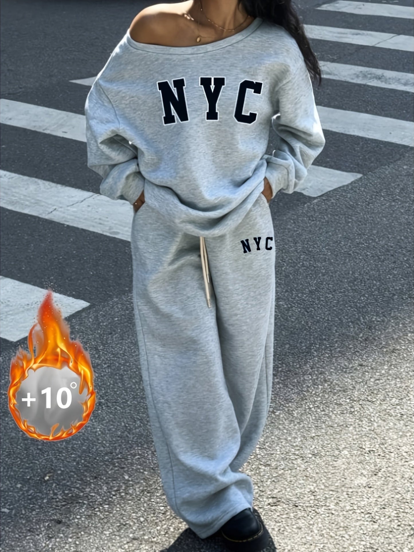 Ensemble survêtement femme gris clair décontracté avec impression NYC