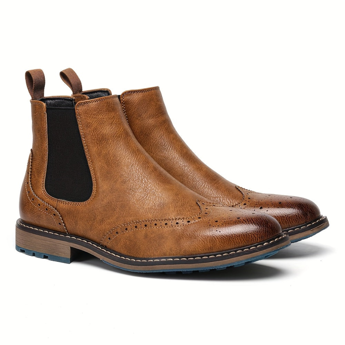 Bottes Chelsea Homme Marron Brogue Détails Perforés Élastiques Latéraux Semelle Bleue