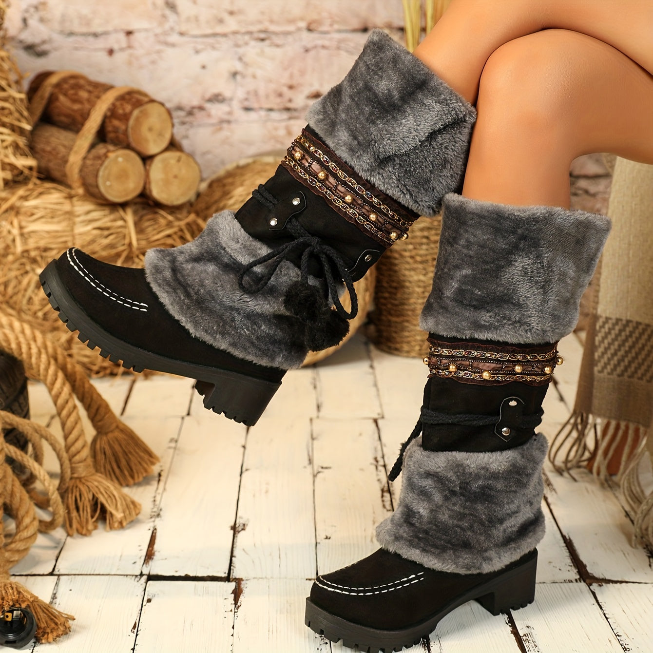 Bottes Femme Mi-Mollet Chaudes Style Ethnique Marron avec Fourrure et Pompons