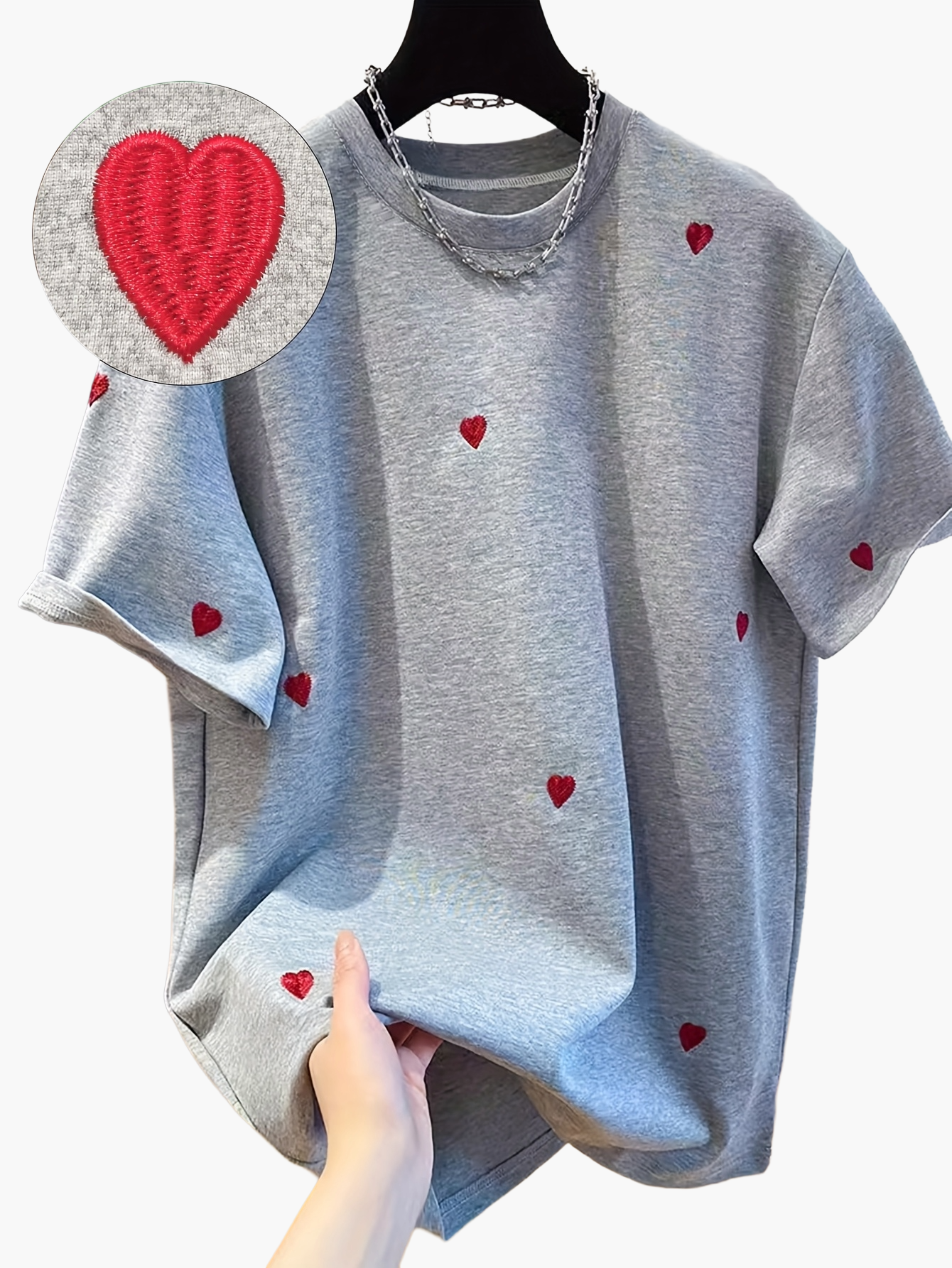 Lässiges Damen-T-Shirt mit gesticktem Herzmotiv, trendiger Stil für den Alltag  