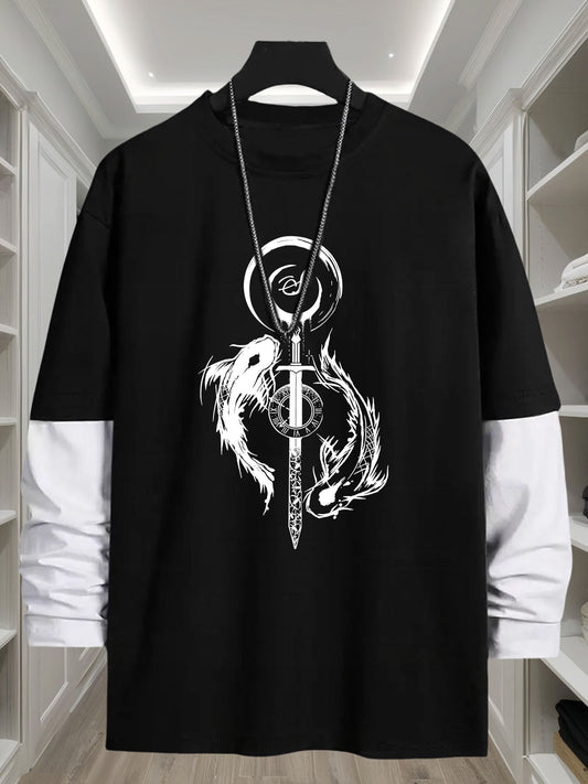 T-shirt Homme Manches Longues Bicolore Imprimé Dragon Épée