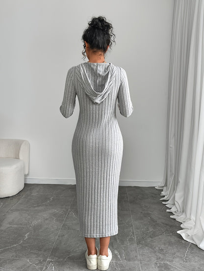 Robe longue côtelée à capuche Femme, manches longues, ajustée