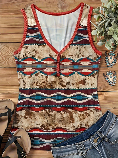 Débardeur femme style bohème à motif géométrique, col en V, boutons décoratifs, mode décontractée été